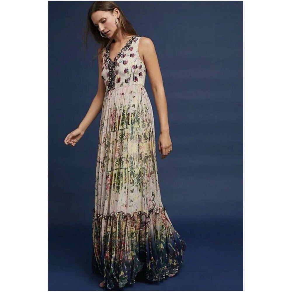 Bhanuni by Anthropologie- Pleated & Beaded Maxi Dress Colorful Floral on Cream
